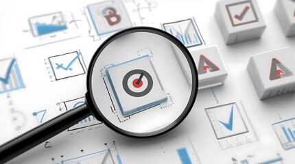 Document review process and quality control concept. Hand holding magnifying glass over a document icon with checklist. Document review and approval.