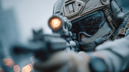 A futuristic soldier aiming a railgun-style rifle in a sci-fi context.