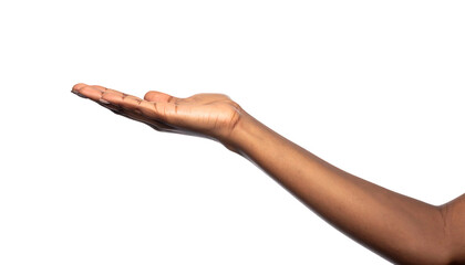 Isolated dark-skinned arm extended, palm up in offering gesture, against a black background
