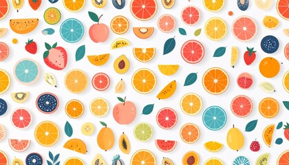 A vibrant and colorful pattern of various illustrated fruits and slices on a white background.