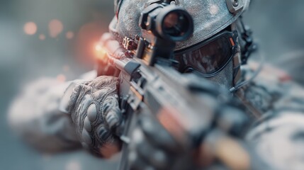 A soldier aims a futuristic railgun-style rifle in a high-tech setting.