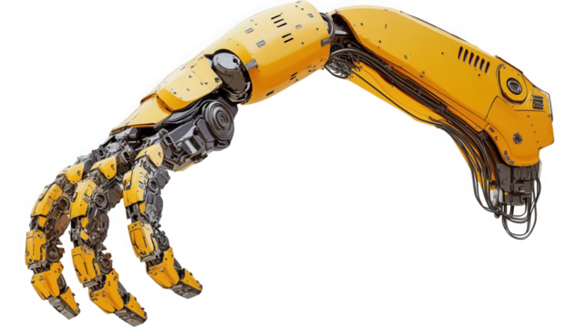 Yellow and black robotic arm with hand isolated on transparent background