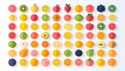 Vibrant assortment of minimalist, geometric fruit icons arranged in a grid on a white background.
