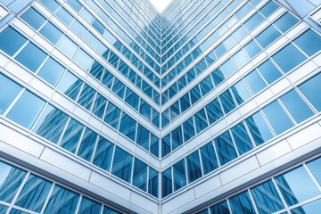 Modern office building corner with blue glass facade and clear sky background for corporate design and real-estate concept