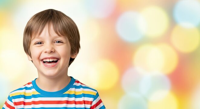 A young boy with a big smile on his face, wearing a striped shirt, against a colorful, blurred background. - Powered by Adobe