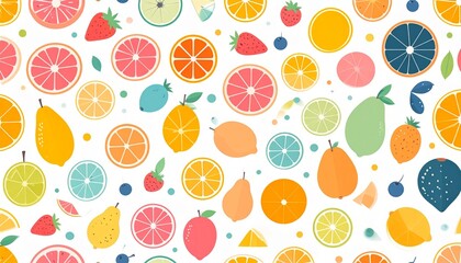 A vibrant and colorful seamless pattern featuring various fresh fruits and citrus slices on a white background.
