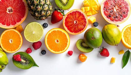 A colorful and vibrant assortment of fresh, healthy tropical and citrus fruits arranged on a white background, viewed from above.
