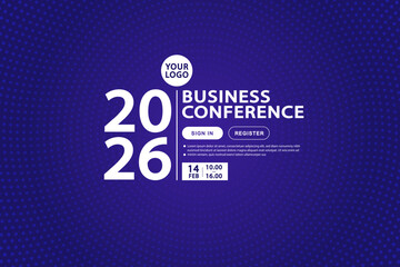 A modern template for a business conference event in 2026. This dark blue halftone background includes register buttons, making it a perfect website banner or landing page for a corporate summit.