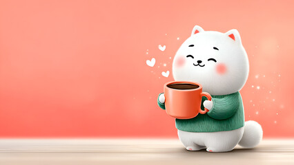 Cute funny cat with cup of hot tea on pink background. Cartoon kitten holding large mug of coffee. Illustration with copy space