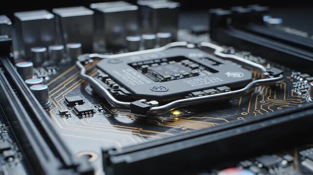 Computer hardware electronic circuit board close up - Close up shot of a modern electronic circuit board with computer hardware components.