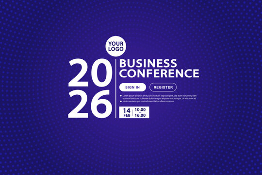 A modern template for a business conference event in 2026. This dark blue halftone background includes register buttons, making it a perfect website banner or landing page for a corporate summit.