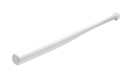 Isolated, white baseball bat at an angle, with a cylindrical handle and knob, set against a dark backdrop