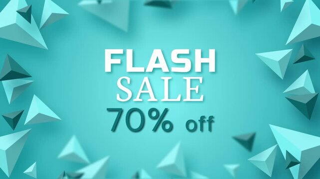 Digital advertisement for a "Flash Sale" on a light teal background, which is framed by floating 3D geometric pyramid shapes