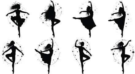 Elegant ballet dancer silhouettes with sparkling star circle decoration, graceful dance poses vector illustration for performance art, stage, theater, and design © Afsun Creative