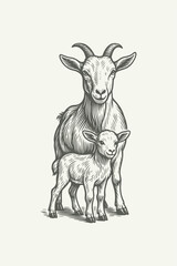lineart illustration of a goat with its kid