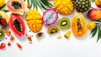 A vibrant assortment of fresh tropical fruits including mango, papaya, and dragon fruit on a white background.
