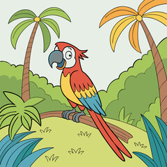 Vibrant Red Parrot Perched on Branch in Lush Tropical Jungle