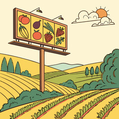 Vibrant Summer Farm Landscape with Produce Billboard