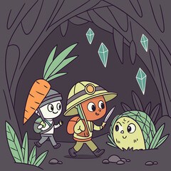 Whimsical Cave Exploration Cartoon Illustration