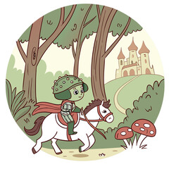 Whimsical Knight on White Horse Riding Through Green Forest Towards Castle