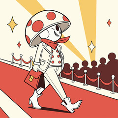 Whimsical Mushroom Character in White Suit Walking Red Carpet