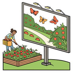 Woman Tending a Raised Garden Bed with Red Flowers, Near a Billboard Showing a Butterfly Garden