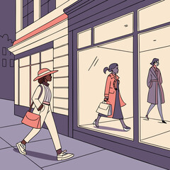 Women Walking Past Storefront in City Street Illustration