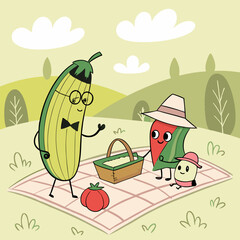 Zucchini and Watermelon Enjoying a Picnic in a Sunny Meadow