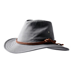 Gray linen outback hat with leather strap. Protective headwear for adventure evokes rugged classic feeling