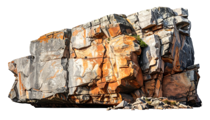 Rugged rocky outcrop, showing layers of grey & reddish orange stone formations against a black background