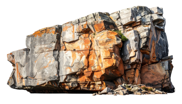 Rugged rocky outcrop, showing layers of grey & reddish orange stone formations against a black background