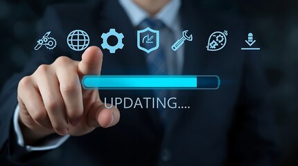 Virtual progress bar on a digital interface with the word &ldquo;UPDATING...&rdquo; displayed. Above the bar are technology-related icons, including a globe, gears, shield, tools, and a download symbol.
