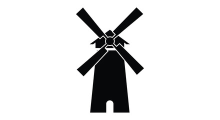 A classic dutch windmill depicted as a stark black silhouette against a white background representing traditional industry and rural landscapes silhouette