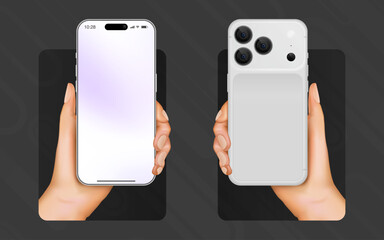 Realistic Smartphone in Hand Vector – Front and Back 3D Mobile Phone Mockup for App, UI Design, and Product Presentation
