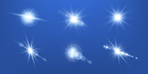 Blue lens flares set. Sun flash with rays or spotlight and bokeh. Blue glow flare light effect. Vector illustration.