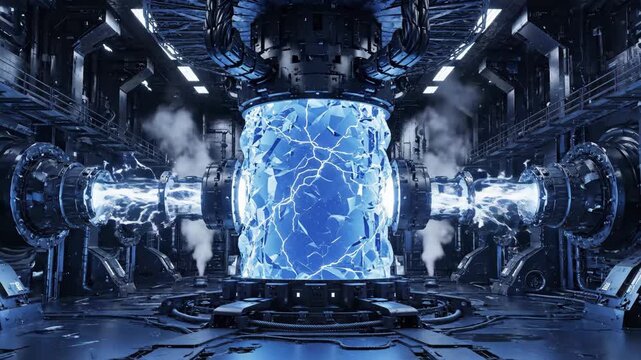 Futuristic Reactor Core Generating Energy - A blue electric field encased in broken glass shows a futuristic reactor core generating energy within a dark, metallic sci-fi environment.