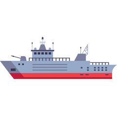 Gray Military Ship with Red Hull Sailing on White Background Flat Design Style