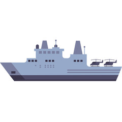 Gray Military Ship with Helicopters on Deck Featuring a Flat Design on Transparent Background