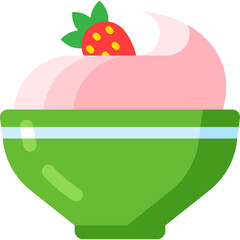 Green Bowl Of Pink Strawberry Mousse Dessert Topped With Fresh Strawberry And Green Leaves Against White Background