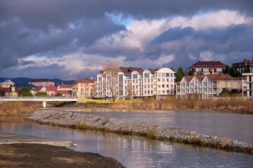Mzymta river embankment in the Adler district of Sochi. Krasnodar Krai. Russia