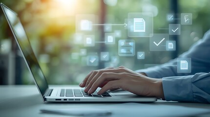 Floating holographic icons show documents and large check marks representing task completion, approval, or progress tracking. Symbolizing productivity, digital workflow management.
