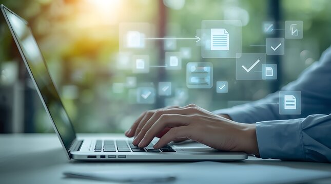 Floating holographic icons show documents and large check marks representing task completion, approval, or progress tracking. Symbolizing productivity, digital workflow management. - Powered by Adobe