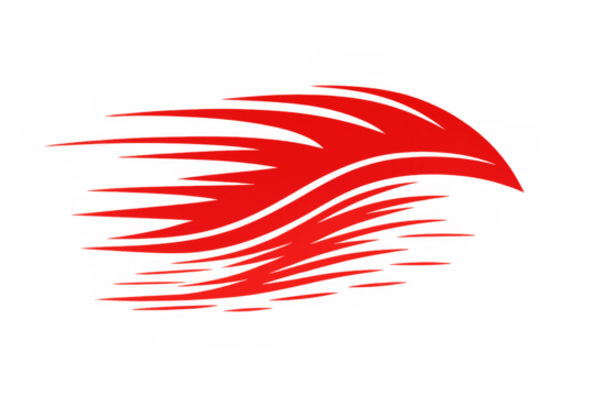 Red abstract speed streaks creating dynamic motion graphic element on transparent background