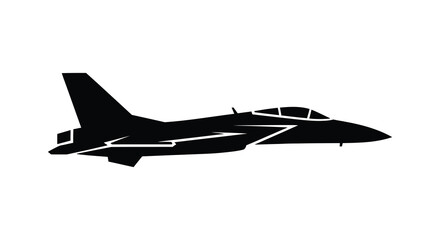 A powerful fighter jet aircraft in a stark black silhouette against a clean white background symbolizing speed and military aviation silhouette