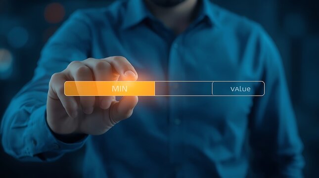 A person adjusting a glowing digital slider labeled “VALUE” between MIN and MAX, symbolizing business optimization, performance improvement, and maximizing potential.