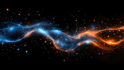 Abstract luminous energy waves of blue and orange on black backdrop