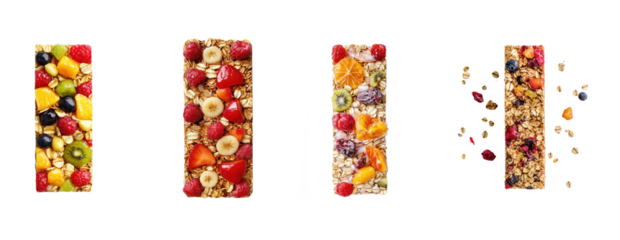 Four granola bars with various fruits and nuts on a white background.