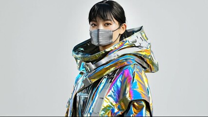 Futuristic fashion A young woman models a holographic jacket and protective face mask, embodying avant-garde style - Powered by Adobe