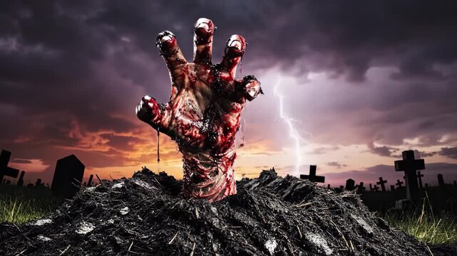 Zombie Hand Rising in Graveyard - A gory, blood-covered zombie hand rises from a dirt mound in a graveyard. The dramatic stormy sunset sky conveys a theme of horror and death.