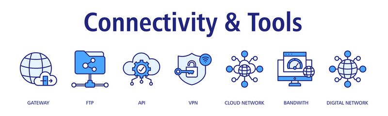 Connectivity & Tools banner web icon vector illustration concept with icon of gateway, ftp, api, vpn, cloud network, bandwidth, digital network
